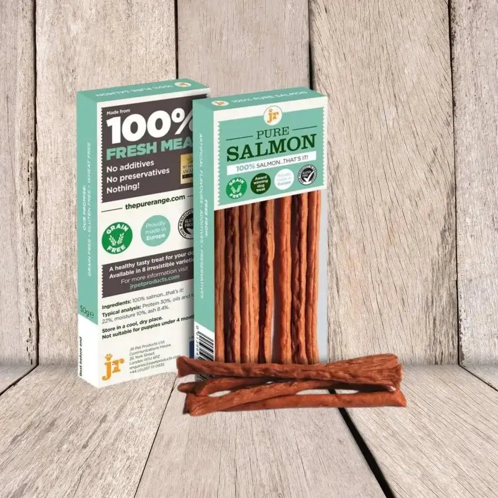 Pure Salmon Dog Treats Sticks from JR Pet Products, natural red-brown textured treats