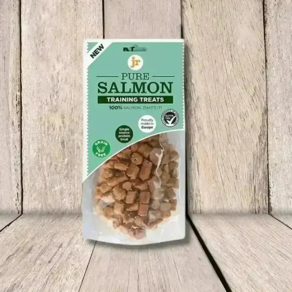 Salmon training treats bag with clear window and green label for JR Pet Products Pure Salmon