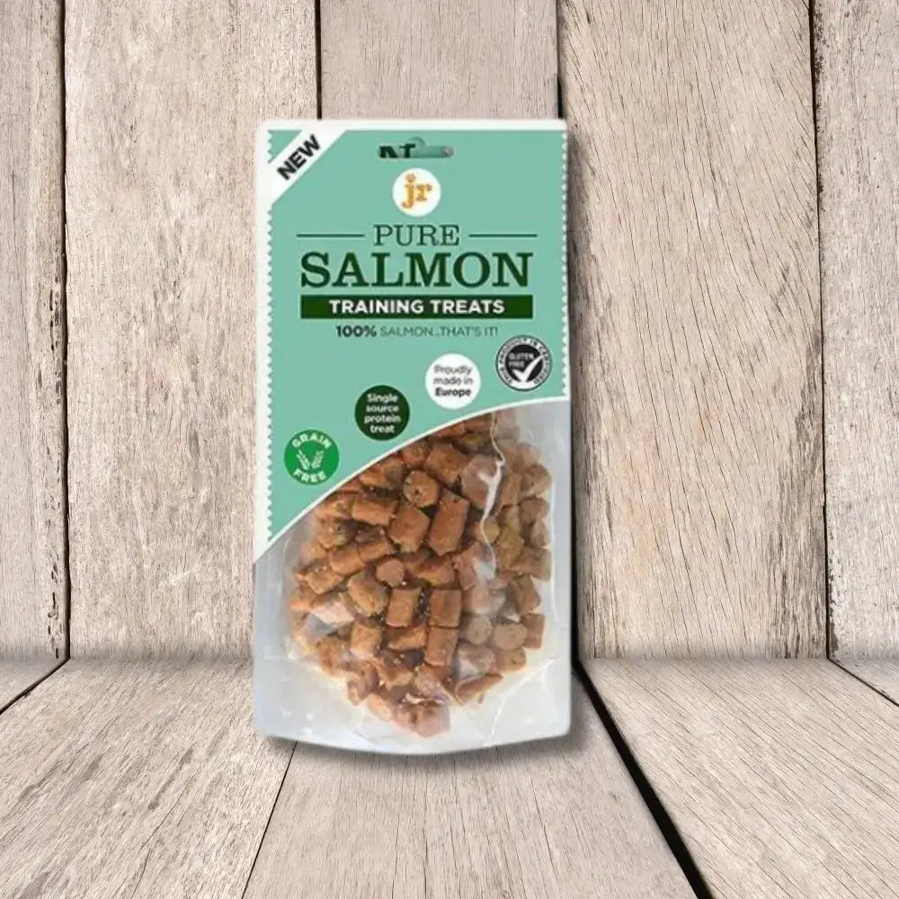 Salmon training treats bag with clear window and green label for JR Pet Products Pure Salmon