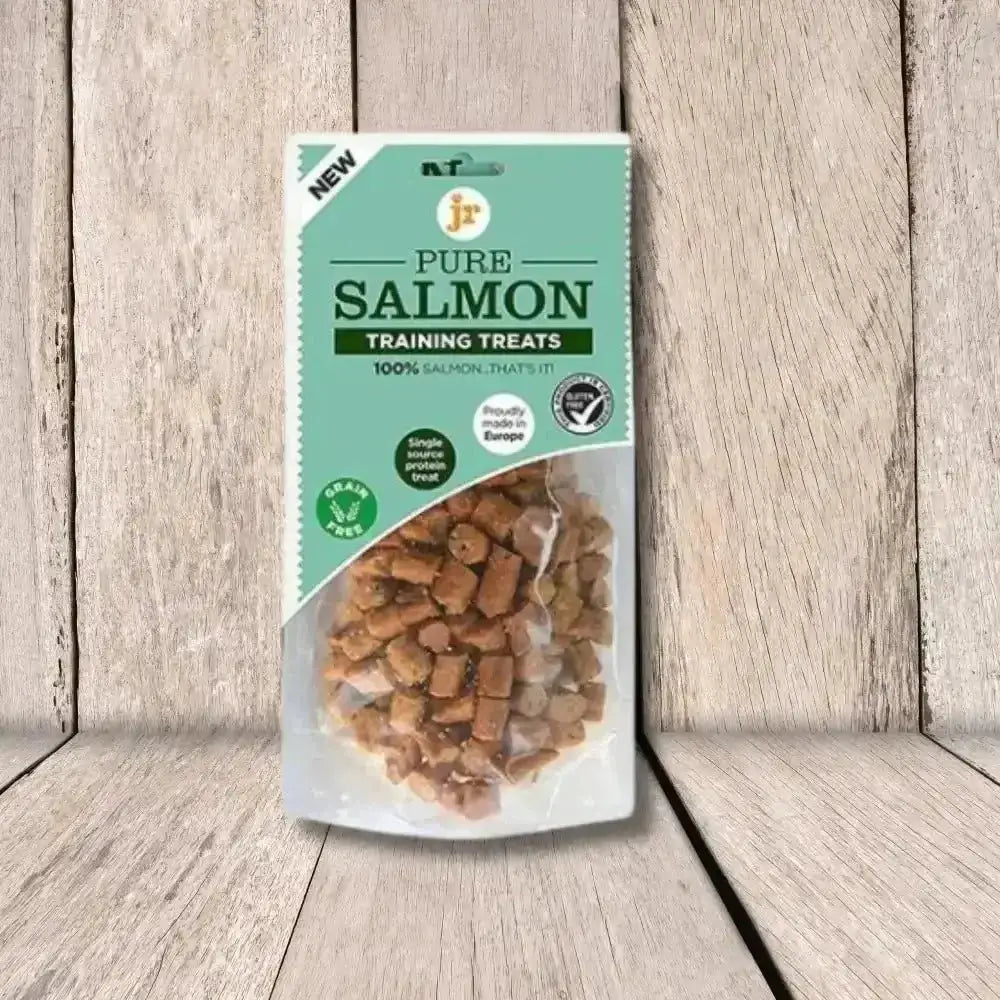 Salmon training treats bag with clear window and green label for JR Pet Products Pure Salmon