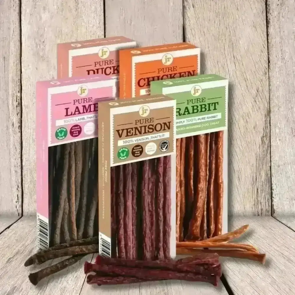 JR Pet Products Pure Sticks Variety venison jerky sticks in green white package