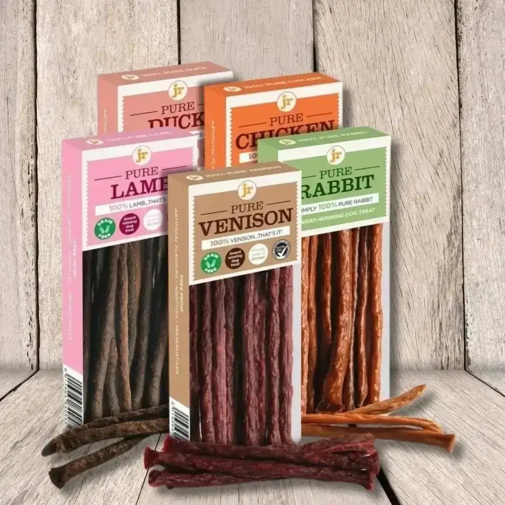 JR Pet Products Pure Sticks Variety venison jerky sticks in green white package