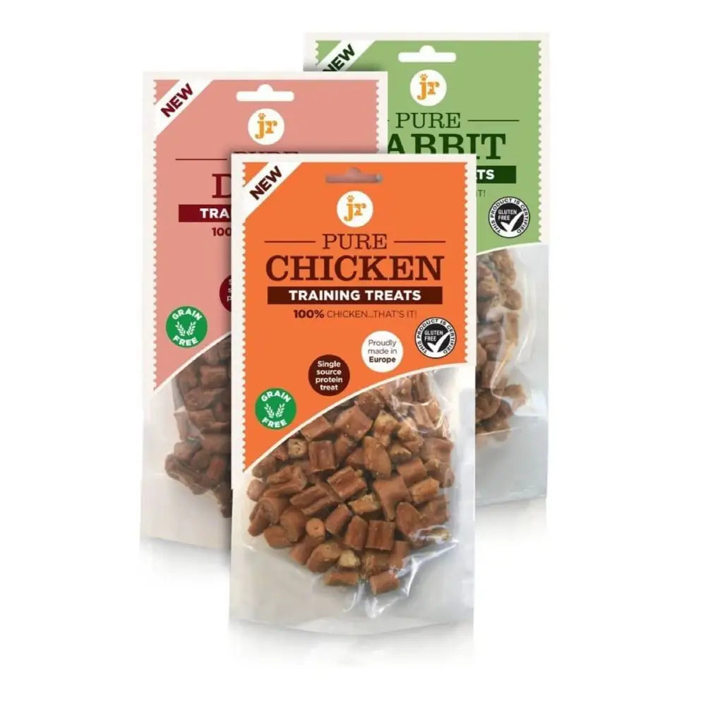 Pure training treats bag with orange label and small brown pieces for dog training