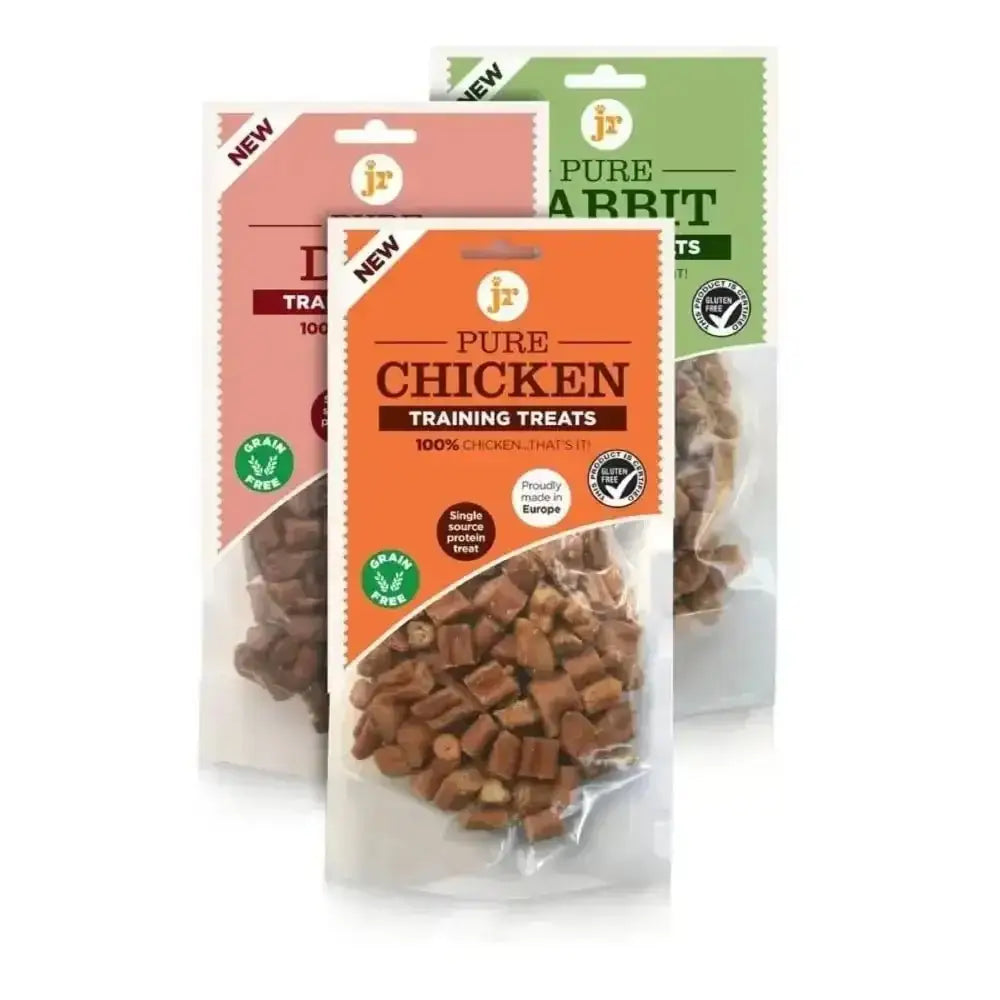 Pure training treats bag with orange label and small brown pieces for dog training