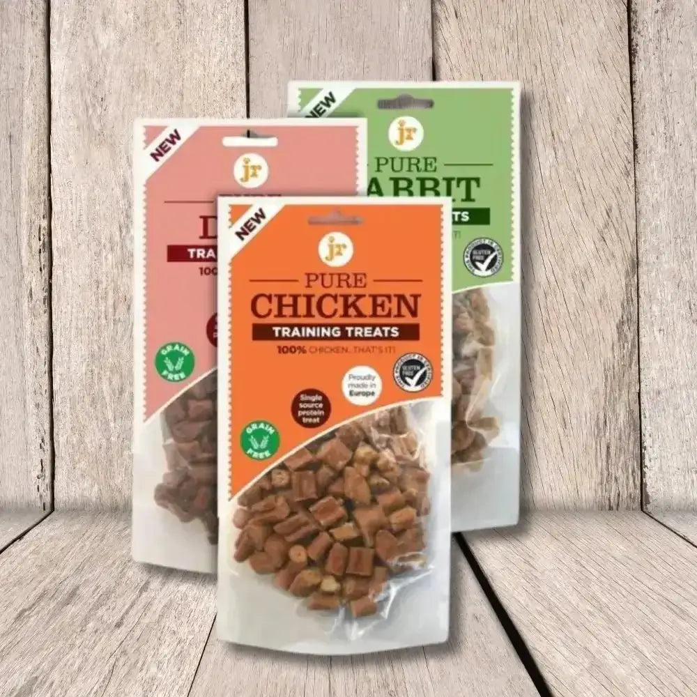 Pure training treats bag with orange label and clear window for JR Pet Products