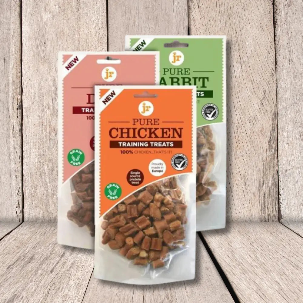 Pure training treats bag with orange label and clear window for JR Pet Products