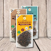 100% Kangaroo Training Treats in clear plastic packaging with a yellow label for pure training