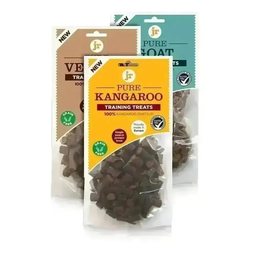 100% kangaroo pure training treats in clear plastic bag with yellow and brown label