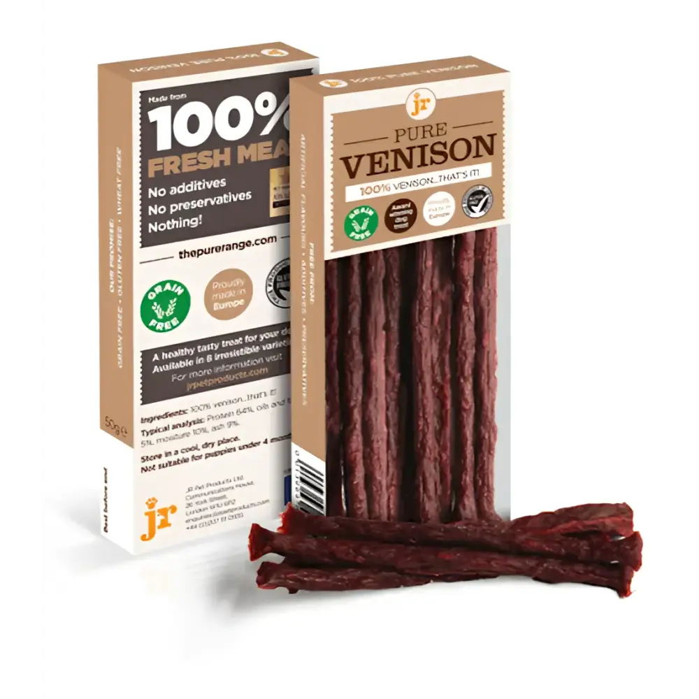 Pure venison pet products natural dog treats in eco-friendly packaging by JR Pet Products