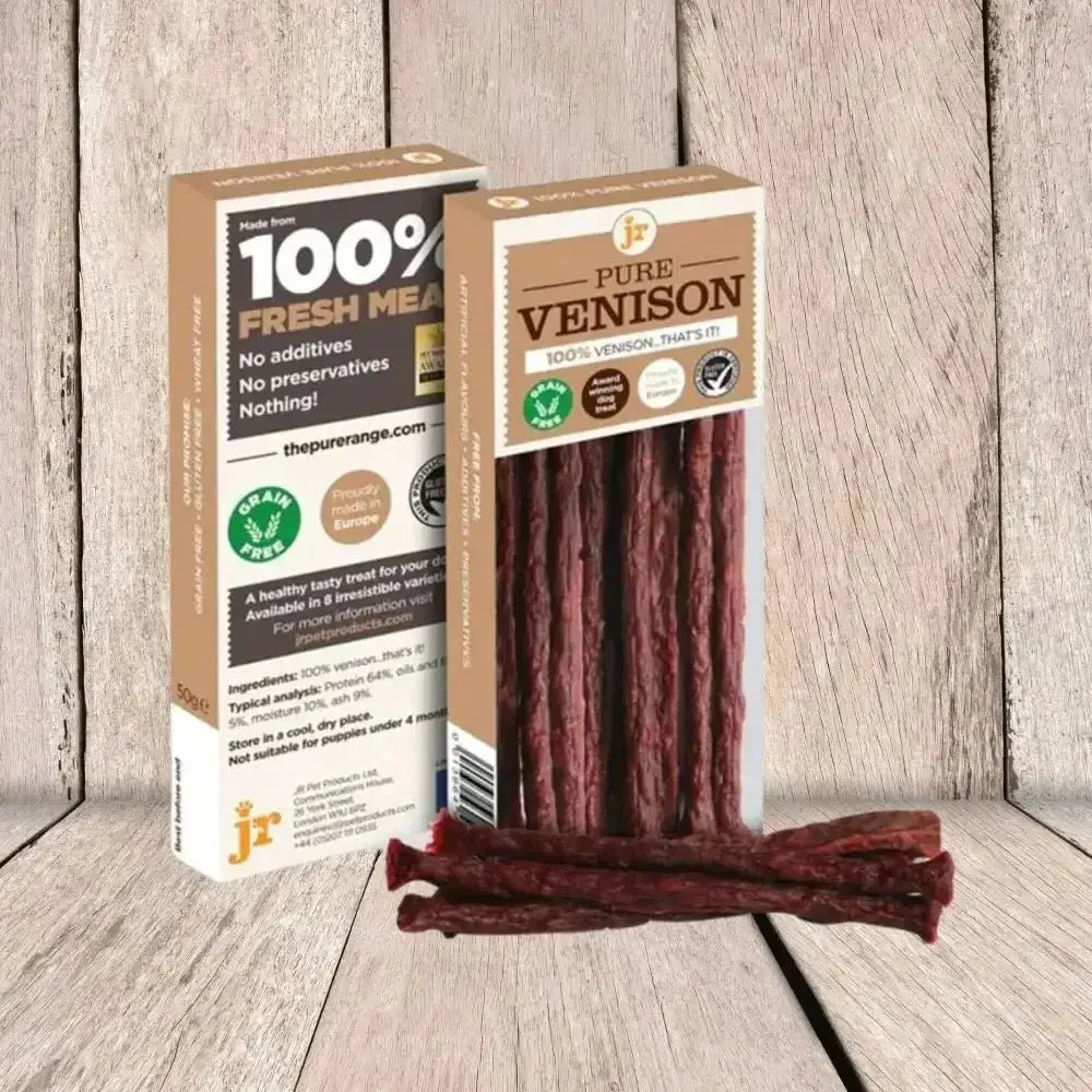 100% fresh meat jerky sticks in venison flavor from JR Pet Products Pure Venison Sticks, natural dog treats