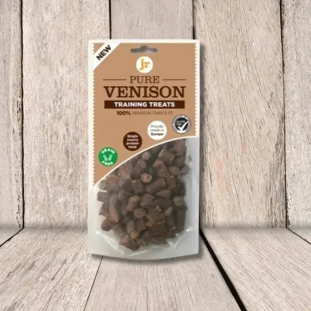 Venison training treats bagged in clear plastic with brown label and green accents for JR Pet Products
