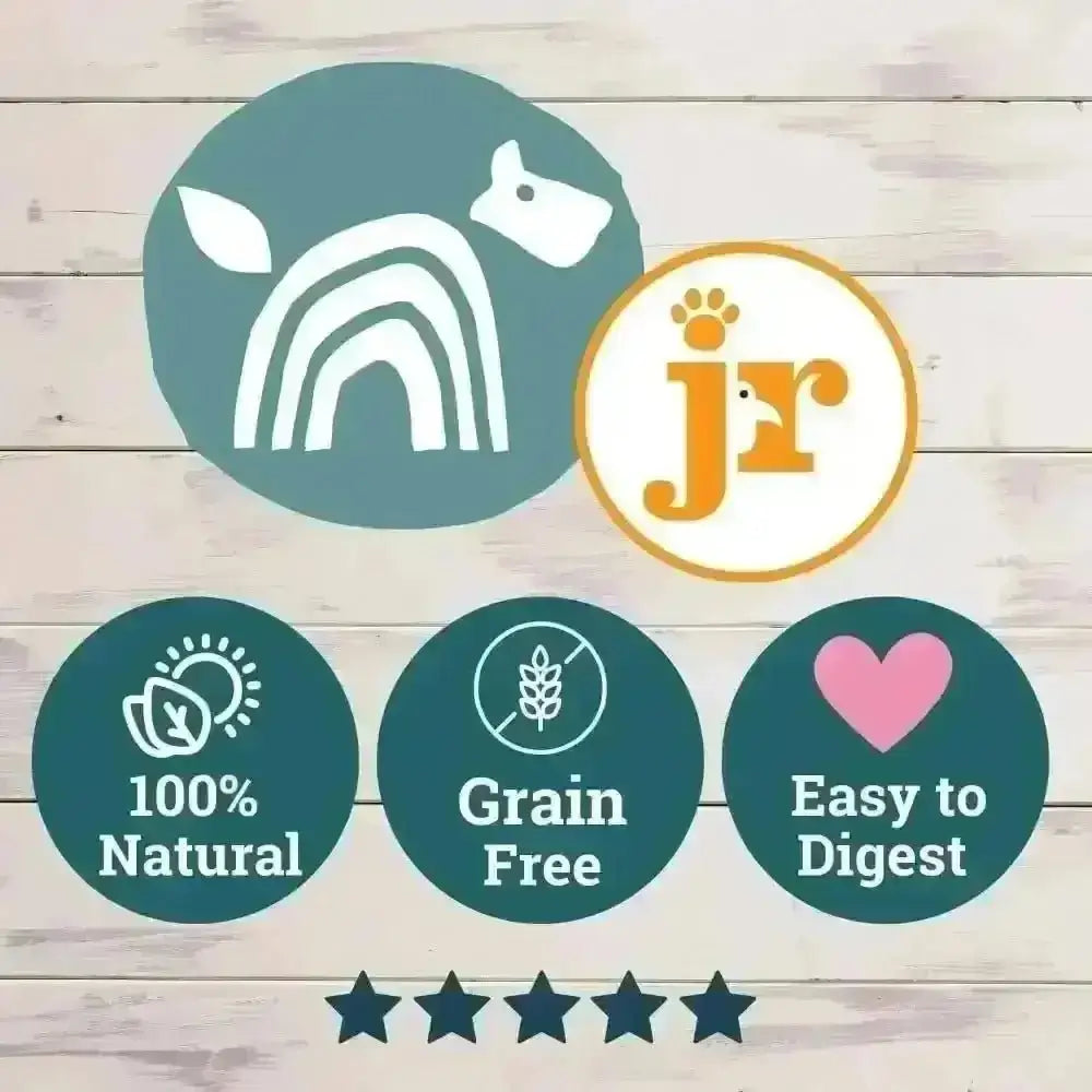 Natural grain-free dog food with rainbow and leaf design for JR Pet Products Pure Venison Training Treats