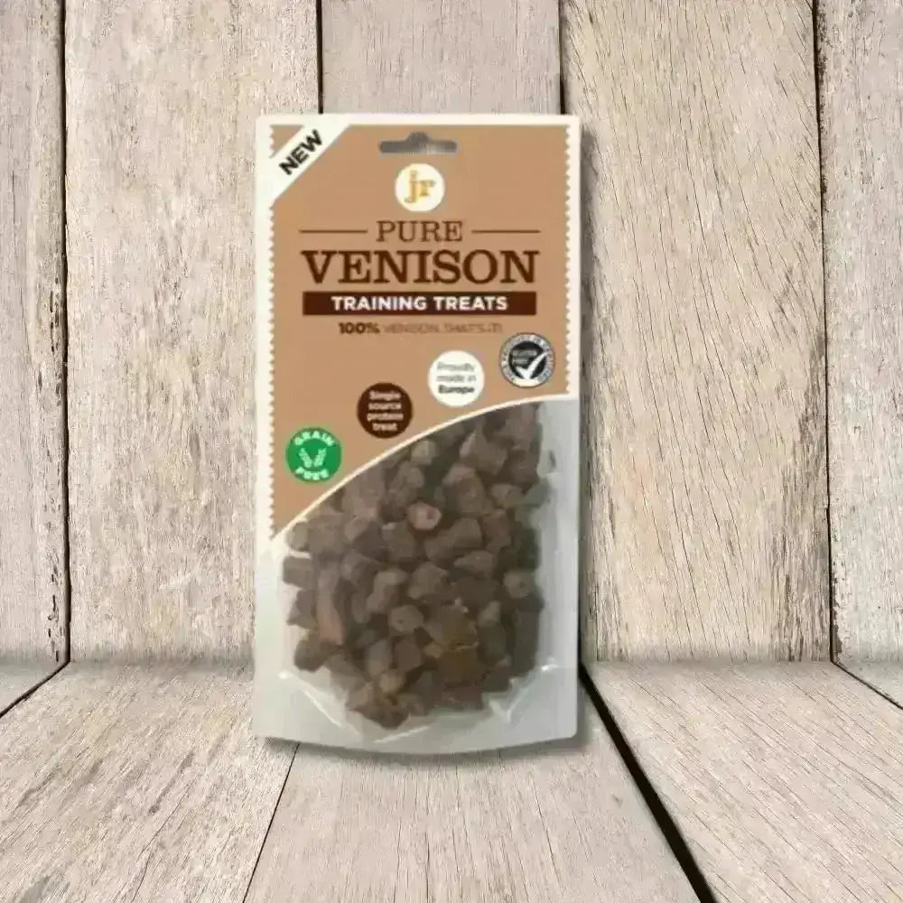 Venison training treats bagged in clear plastic with brown label and green accents for JR Pet Products