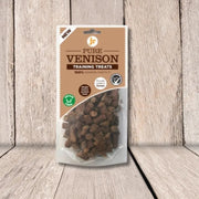 Venison training treats bagged in clear plastic with brown label and green accents for JR Pet Products