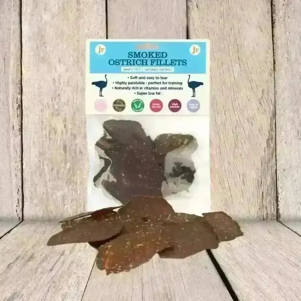 JR Pet Products smoked ostrich fillets 80g in clear package
