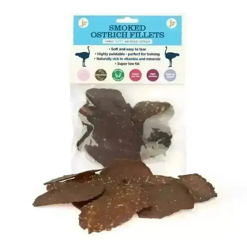JR Pet Products smoked ostrich fillets 80g in clear package