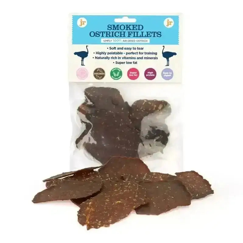 JR Pet Products smoked ostrich fillets 80g in clear package