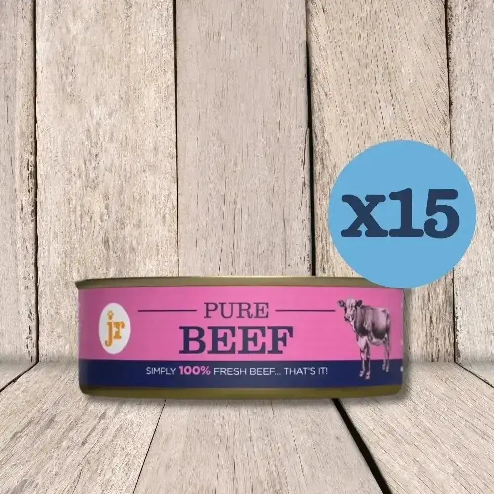 JR Pure Beef Topper 15-pack canned beef with cow illustration