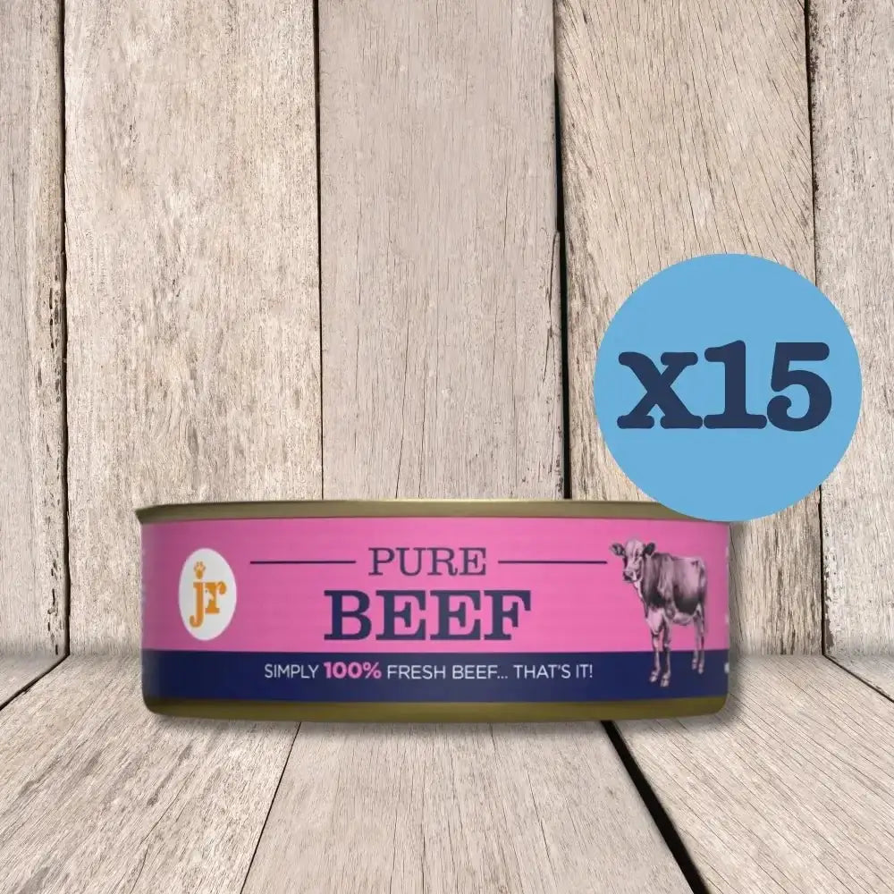 JR Pure Beef Topper 15-pack canned beef with cow illustration