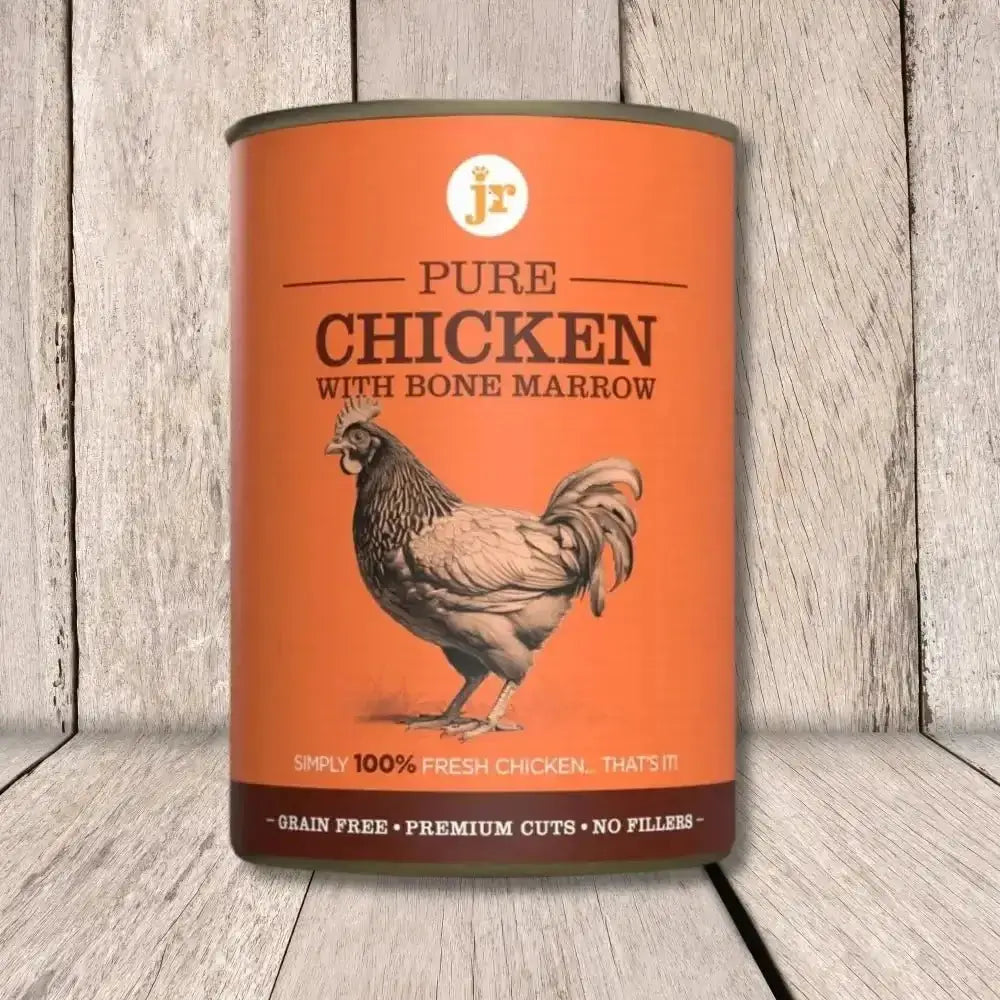 JR Pure Chicken with Bone Marrow Topper 400g orange canister with rooster and pure chicken text