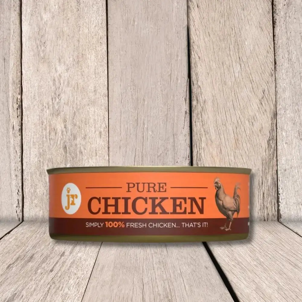Orange canister of JR Pure Chicken Topper with rooster illustration and 100% fresh chicken