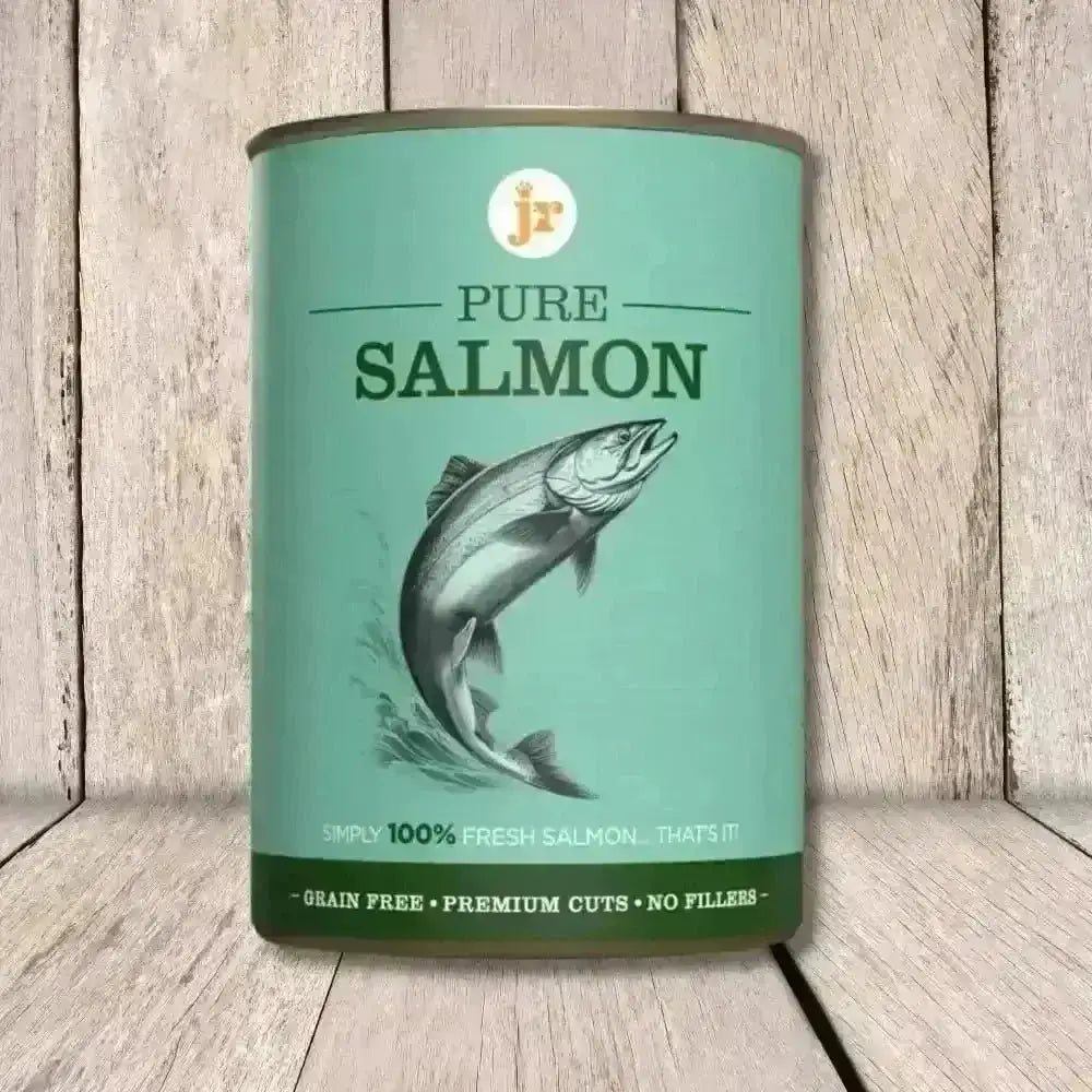 JR Pure Salmon Topper 400g green canister with jumping fish design