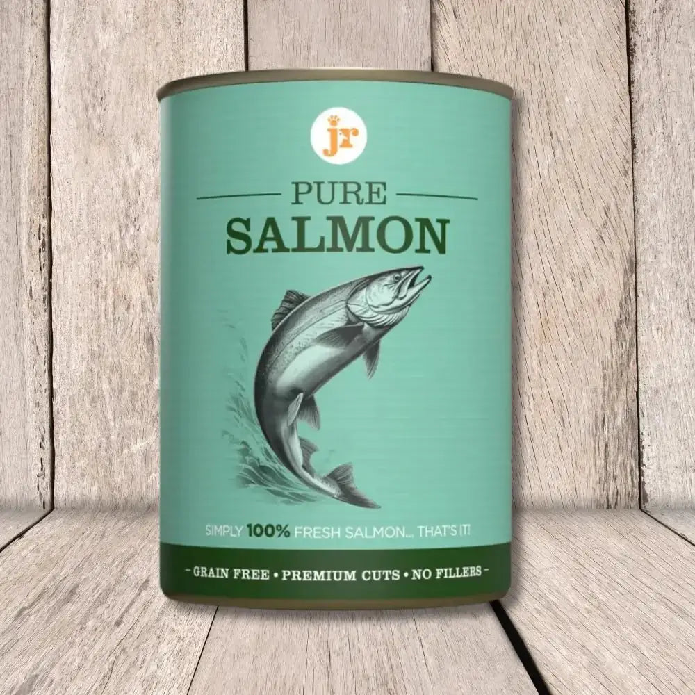 JR Pure Salmon Topper 400g green canister with jumping fish design
