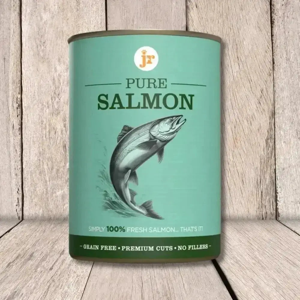 JR Pure Salmon Topper 400g green canister with jumping fish design