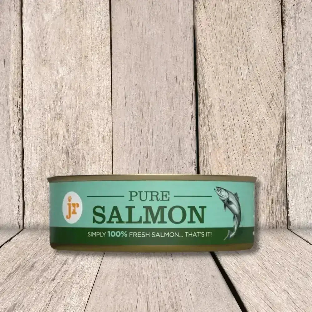 JR Pure Salmon Topper 80g green tin with fish label