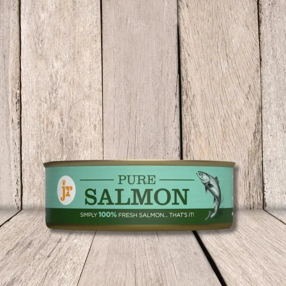 JR Pure Salmon Topper 80g green tin with fish label