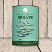 JR Pure Sprats Topper & Mixer 400g: Green can with fresh, grain-free pure sprats illustrations