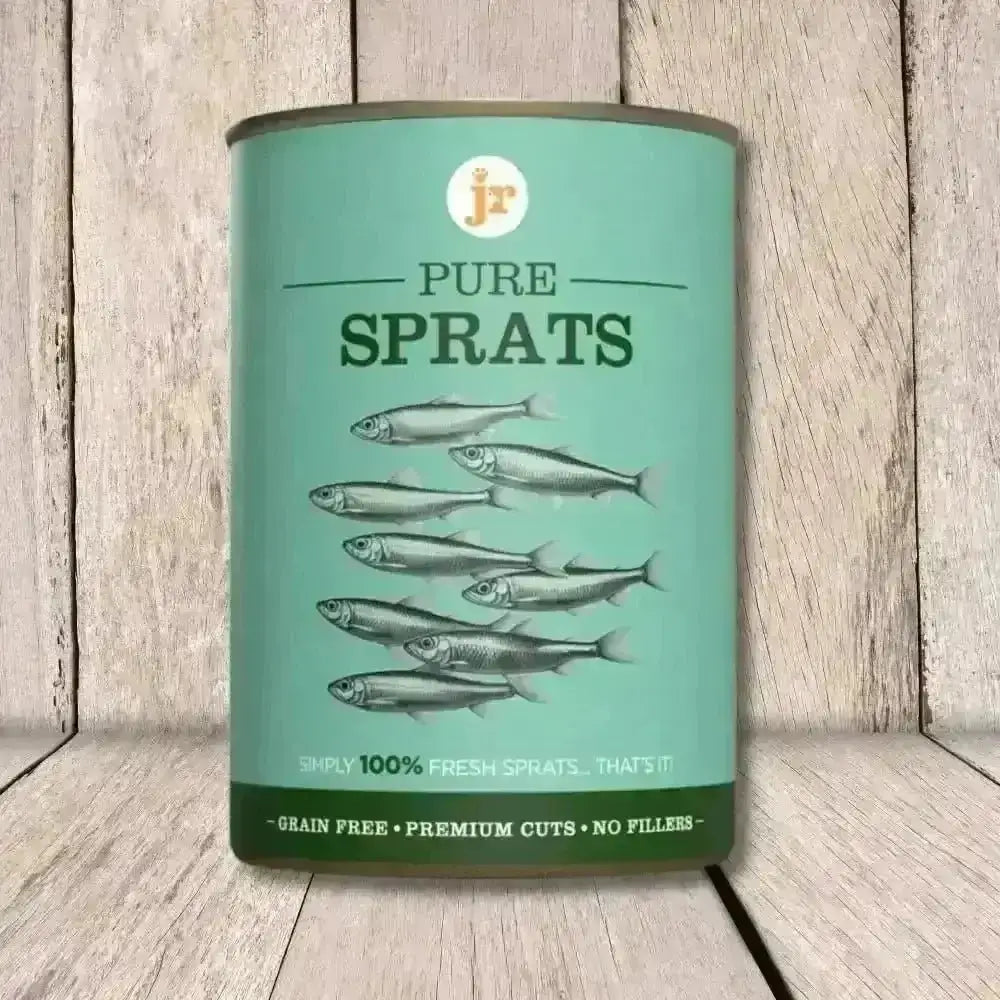 JR Pure Sprats Topper & Mixer 400g: Green can with fresh, grain-free pure sprats illustrations