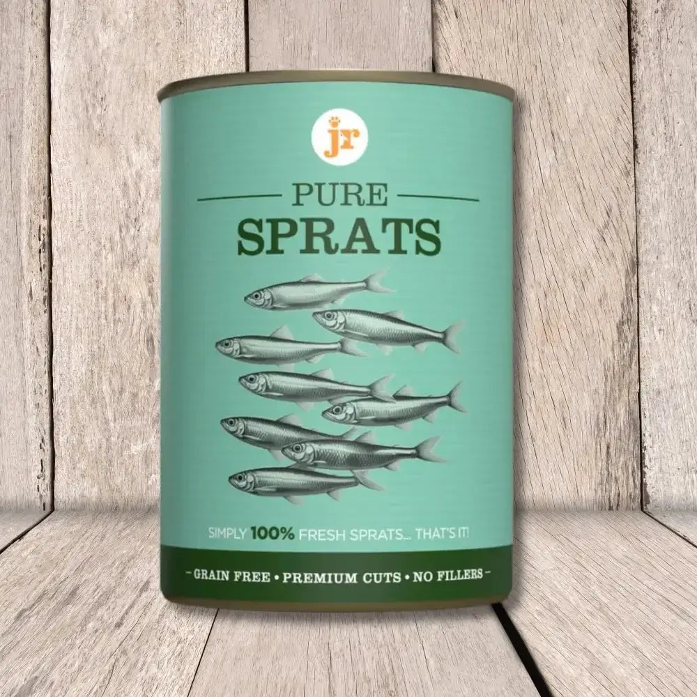 JR Pure Sprats Topper & Mixer 400g: Green can with fresh, grain-free pure sprats illustrations