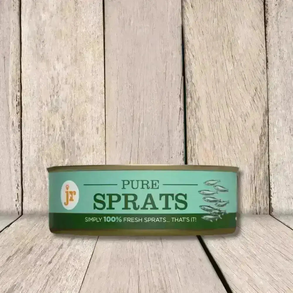 JR Pure Sprats Topper 80g tin with green can and white logo