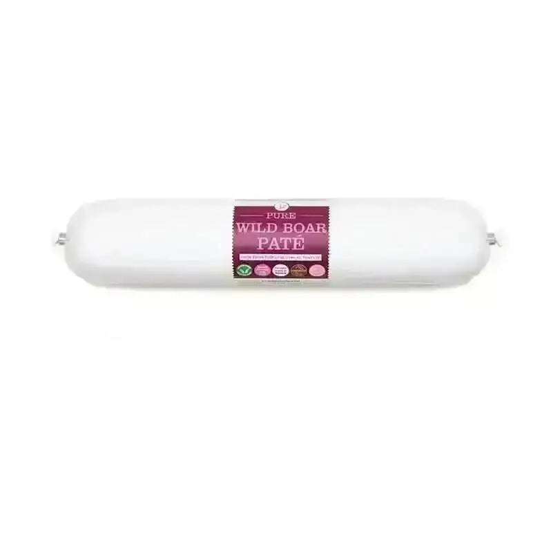 JR Wild Boar Pate 200g sausage roll with white casing and pink label