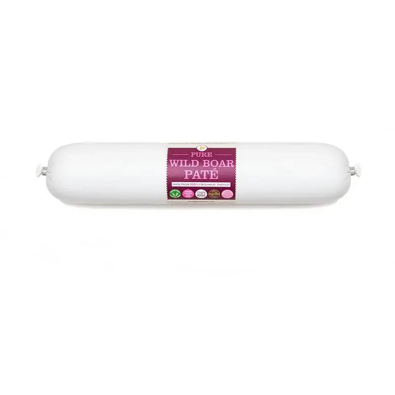 JR Wild Boar Pate 200g sausage roll with white casing and pink label