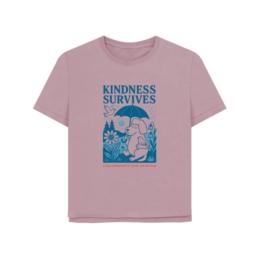 Pink organic cotton T-shirt featuring elephant design and kindness survives text