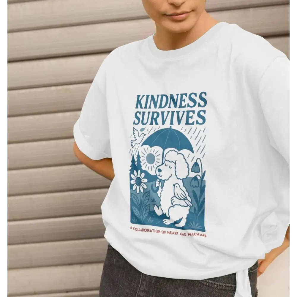 White oversized organic cotton T-shirt with kindness survives graphic and dog holding umbrella