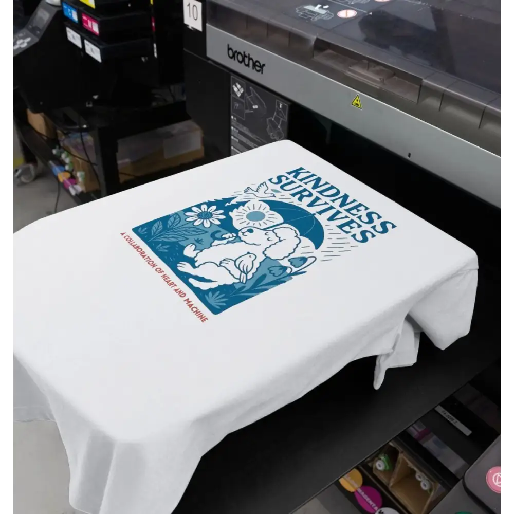 Brother t-shirt printer creating kindness survives organic cotton T-shirt with rabbit and flowers design