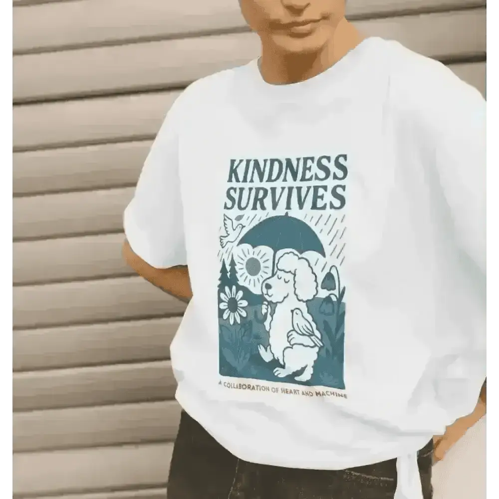 White oversized organic cotton T-shirt with kindness survives graphic and dog holding umbrella