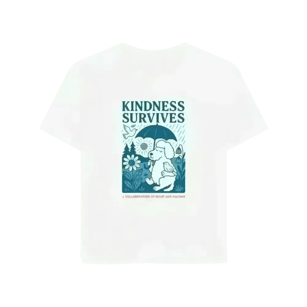 White organic cotton T-shirt with kindness survives bear design and floral details