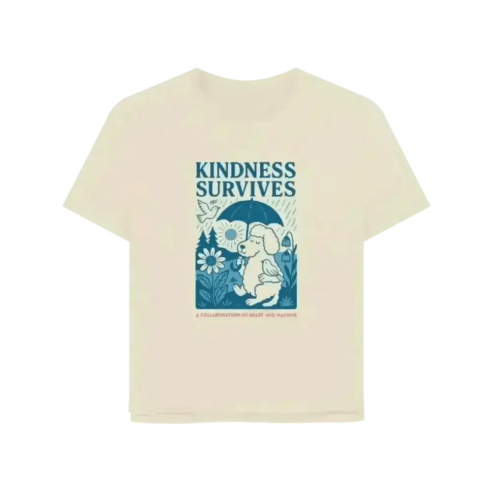 Cream-colored Kindness Survives Organic Cotton T-Shirt with elephant and floral pattern