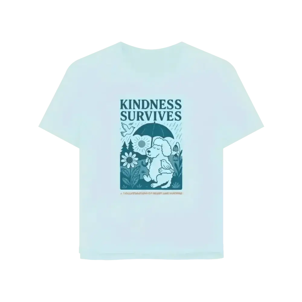Light blue kindness survives organic cotton T-shirt with elephant graphic and flowers