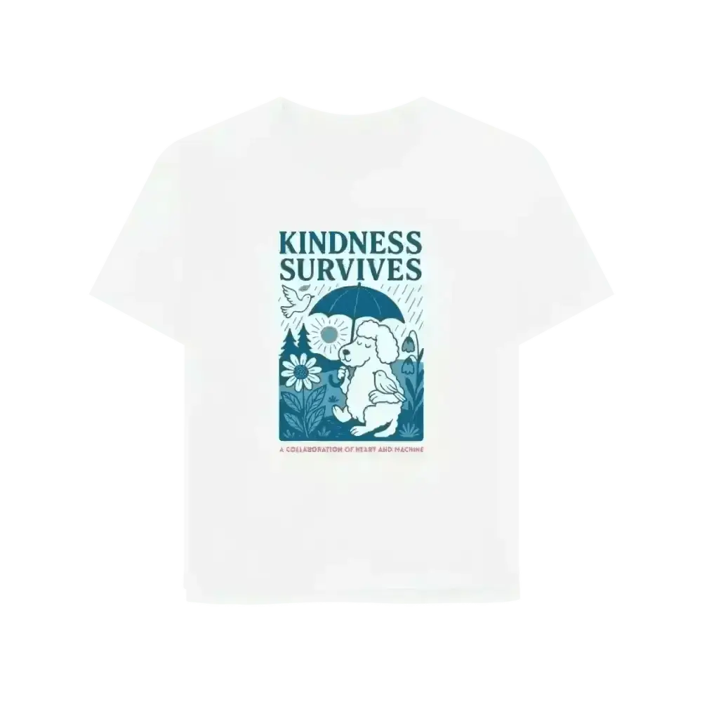 White organic cotton T-shirt with kindness survives bear design and floral details