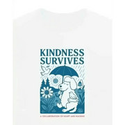 White organic cotton T-shirt with kindness survives graphic of a dog holding an umbrella