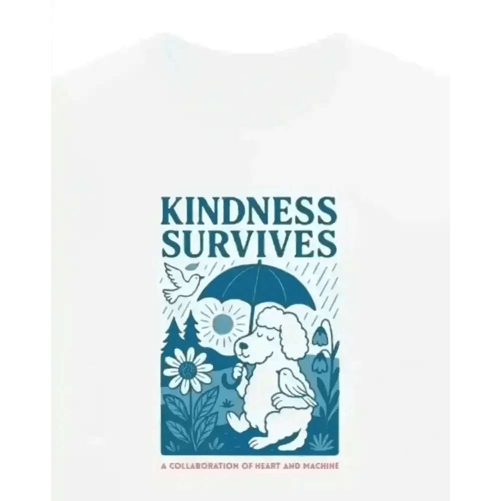 White organic cotton T-shirt with kindness survives graphic of a dog holding an umbrella