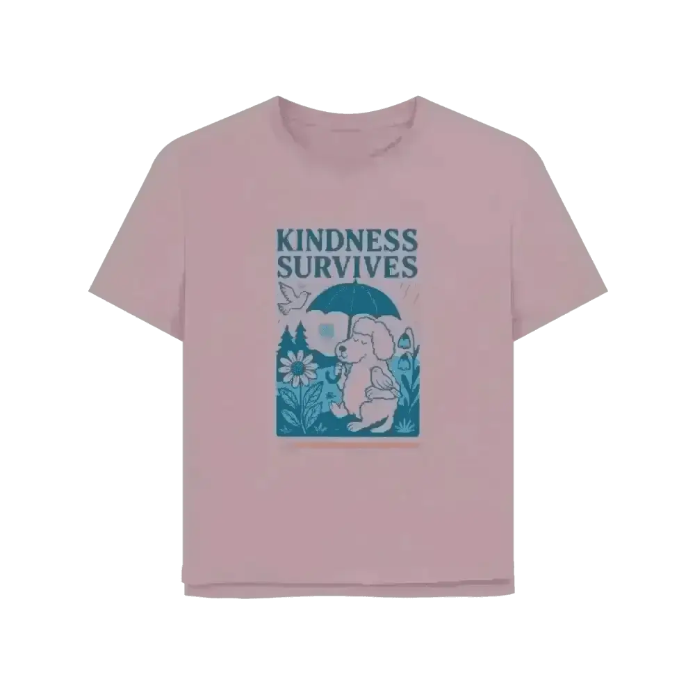 Pink organic cotton T-shirt featuring elephant design and kindness survives text