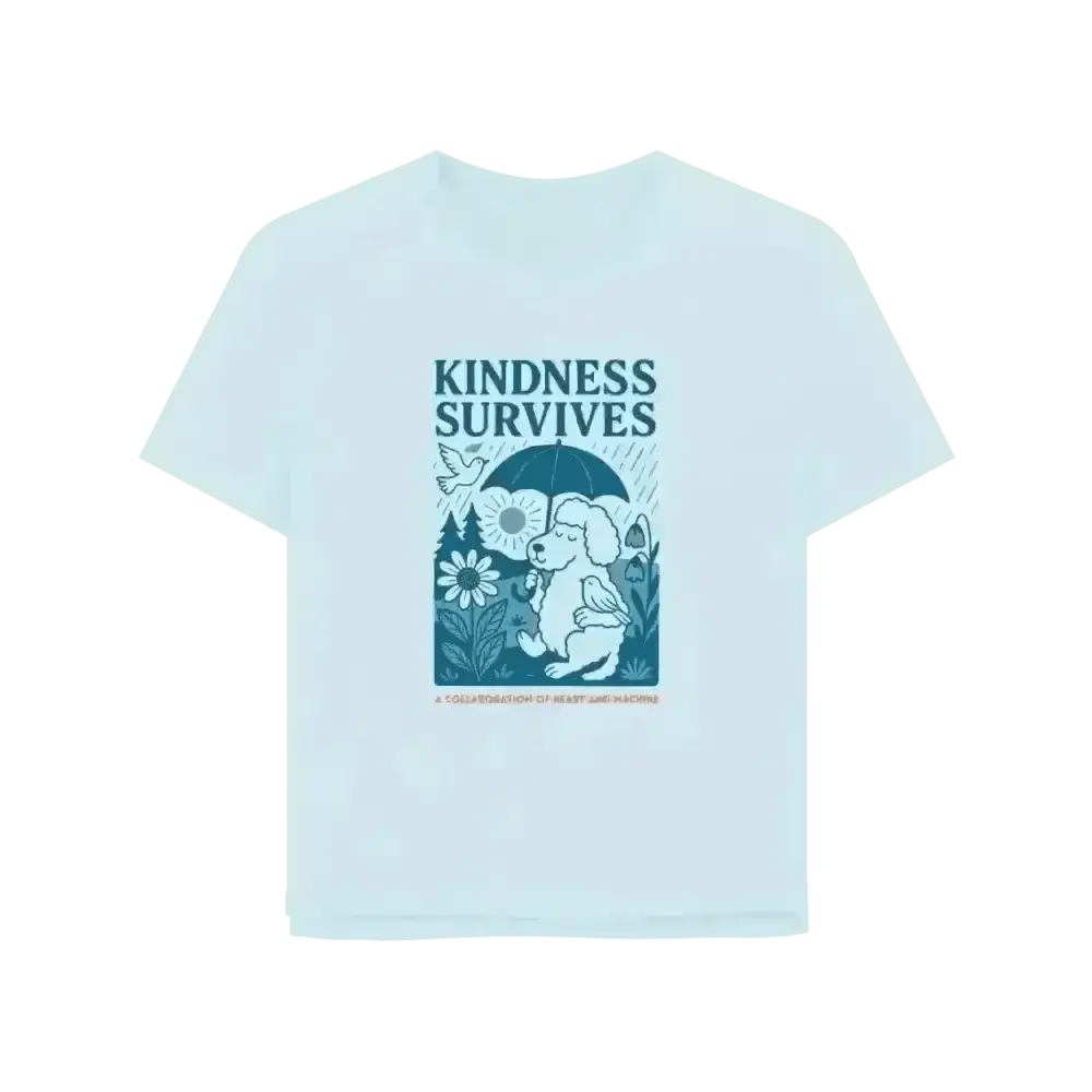 Light blue kindness survives organic cotton T-shirt with elephant graphic and flowers