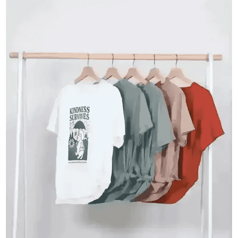 White kindness survives organic cotton T-shirt with colorful sleeves on wooden hanger