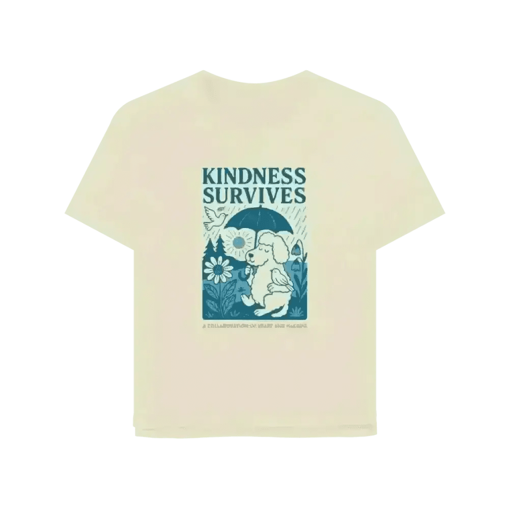 Cream-colored Kindness Survives Organic Cotton T-Shirt with elephant and floral pattern